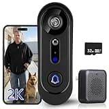 eudic Doorbell Camera Wireless 2K, No Monthly Fee,3MP Video Doorbell with 32GB SD Card/Cloud Storage, No Subscription,Night Vision, 2-Way Audio, PIR Motion Detection, Alert, 2.4Ghz WiFi
