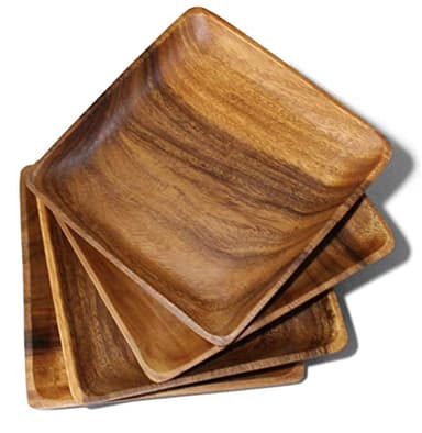 WRIGHTMART Wooden Plates Set of 4 – 10” Square Acacia Wood Plates, Rustic Dinnerware for Steak, BBQ, Charcuterie, or as Wooden Chargers