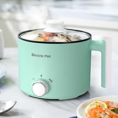 YOOLYQI Electric Hot Pot:1.5L Ramen Cooker,Dual Power Mini Portable Multi-Functional Lazy Pot for Pasta, Noodles, Egg, Soup, Non-Stick Noodle Cooker with Boil Dry Protection for Dorm, Office (Green)