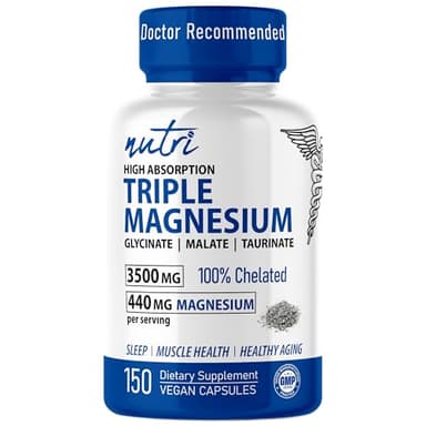Nutri Triple Magnesium Complex 440mg - Magnesium Glycinate, Malate, & Taurinate - 100% Chelated for Maximum Absorption - 120 Vegan Capsules - Triple Complex Magnesium - Magnesio Triple Complex