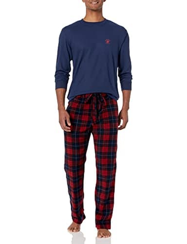 Beverly Hills Polo Club mens Beverly Hills Polo Polar Fleece W/Thermal Top Pajama Set, Navy Top With Red/Blu Pants, Large US