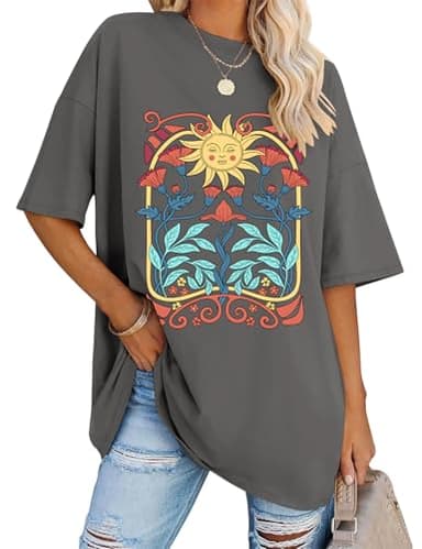 LOMON Womens Oversized Graphic T Shirts Loose Fit Cotton Crewneck Short Sleeve Tops Summer Basic Tee Blouse (Dark Gray-Sun Plant,L)