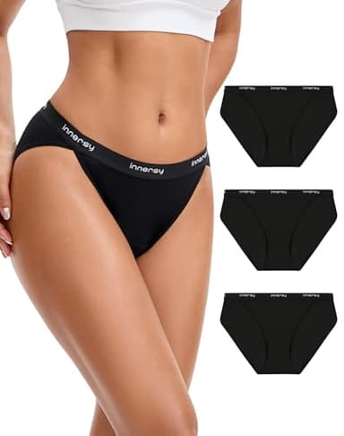INNERSY Women's Bikini Period Underwear Cotton Menstrual Leakproof Panties 3-Pack(Pure Black,Medium)
