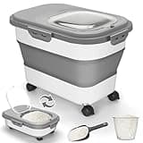 Rice Storage Container, 20-30Lbs Airtight Large Dog Cat Food Storage Containers with Wheels, Scoop & Measuring Cup, Collapsible Kitchen Flour Bin, Dry Food Storage Holder for Rice Kibble Pet Food