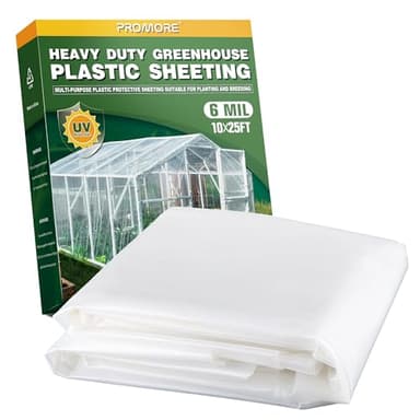 PROMORE 6 Mil Plastic Sheeting 10x25 FT Clear, Greenhouse Plastic Sheeting Heavy Duty, Polyethylene Film, UV Resistant, Tear-Proof, for Garden, Agriculture, Painting Floor Protection