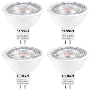 SANSUN 5W MR16 LED Landscape Light Bulbs, Low Voltage 12V 50W Halogen Replacement for Outdoor Landscape Spotlight and Track Light, GU5.3 Bi-Pin Base, Daylight White 4000K, Non-Dimmable, (Pack of 4)