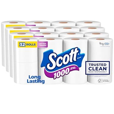 Scott 1000 Trusted Clean Toilet Paper, 32 Rolls, Septic-Safe, 1-Ply Toilet Tissue