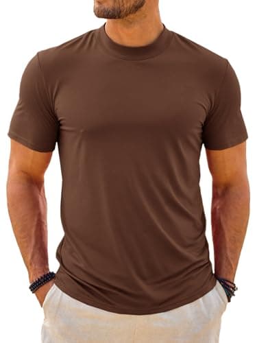 Makkrom Mens Mock Turtleneck T-Shirts Summer Short Sleeve Basic Tees Casual Solid Pullover Tops Coffee