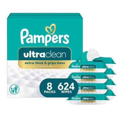 Pampers Ultra Clean Baby Wipes (Previously 'Free & Gentle'), 99% Water, Hypoallergenic, Unscented, 100% Plant Based, Plastic-Free, 624 Baby Wipes Total (8X Flip-Top Packs) [Packaging May Vary]