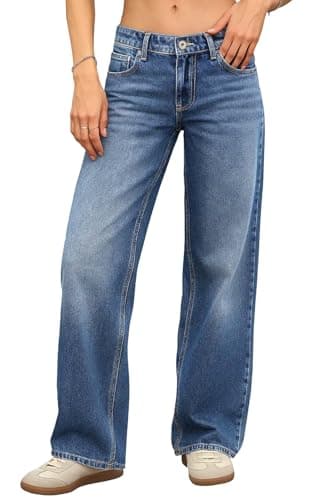 ELLEVEN Low Rise Baggy Jeans for Women Trendy Stretchy Y2K Wide Leg Jeans Boyfriend Straight Leg Denim Pants Blue Denim 6