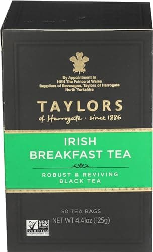 Taylors of Harrogate Irish Breakfast, Black Tea, Pillow Bags, 50 Count (Pack of 1), Rich, Bright & Malty, Caffeinated, Enjoy Hot or Iced, 50 Teabags