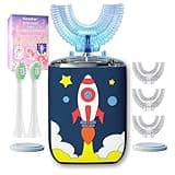 Geacker Kids U Shaped Electric Toothbrush Ultrasonic Automatic Brush with 5 Brush Head 6 Clean Modes IPX7 Waterproof Whole Mouth Rechargeable Smart Timer Toothbrushes for Children Age 2-7 (Blue)