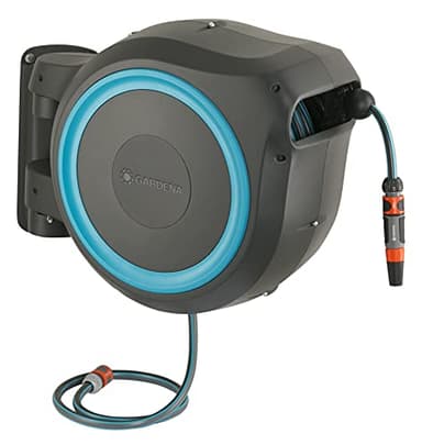 GARDENA (18630) Retractable Garden Hose Reel 115' x 1/2" Wall Mounted, Automatic Retraction & Length Lock for Easy Watering. Heavy Duty Swivel Bracket 180°, Includes Nozzle. Made in Europe
