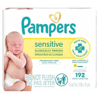 Pampers Sensitive Baby Wipes, Water Based Baby Wipes, Fragrance Free and Hypoallergenic, 192 Wipes Total (3X Refill Packs) [Packaging May Vary]