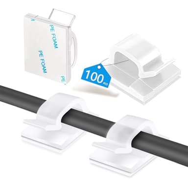 Abnii 100PCS Cable Clips, Adhesive Wire Clips Organizer Cord Clips Management, Cable Staples Outdoor Strong for Wall, Desk, Christmas Lights, String Lights, TV PC Ethernet Cable, Clear Small