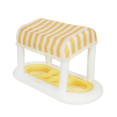 Giant Floating Yellow Cabana Stripe Drink Station, Removable Fabric Shade with Fringe, Perfect for Parties, Table-Top Decorations and in-Pool Refreshments.