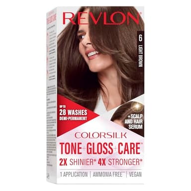 Revlon ColorSilk Tone + Gloss + Care Demi Permanent Hair Color, Dye Kit with Leave-In Scalp and Haircare Serum, 2x Shinier, 4x Stronger, 6 Light Brown, 4.5 fl oz