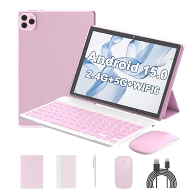 ICONLINK Android 15 Tablet 10 Inch, 12(3+9) GB RAM+64GB ROM, 2 in 1 Tablets with Keyboard Case Mouse Stylus, 1.8GHz Five-core Processor, 1280 * 800 IPS HD Screen, 5G WiFi6 BT 5.3 Tableta PC(Pink)