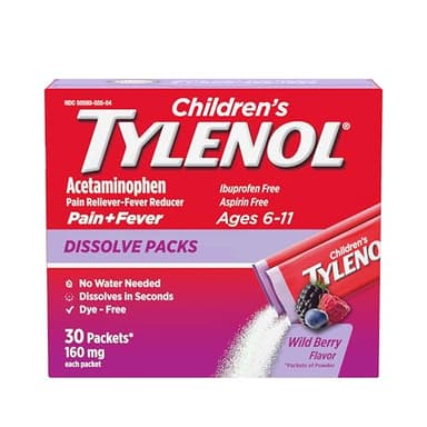 Children's Tylenol Dissolve Packs for Pain Relief, Fever Medication, 160 mg Acetaminophen, Dye Free, Kids' Powder Packets for Cold & Flu Symptom Relief; Wild Berry Flavor, 30 ct.; Pack of 1