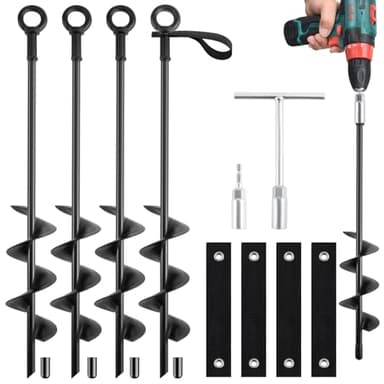 Qimshemi 18-Inch Ground Anchors Screw In Heavy Duty, 4 Pack Trampoline Anchors & Stakes High Wind With Wrenches And Straps, Earth Anchors Kit For Swing Sets, Sheds, Camping Tent, Canopies, Mobile Home