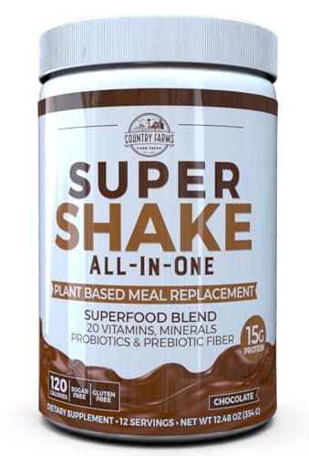 Country Farms All-in-One Super Shake Meal Replacement 15g Plant Protein Dietary Supplement with Superfoods, Vitamins, Probiotics and Prebiotics, 12 Servings, Chocolate, 12.48 Oz