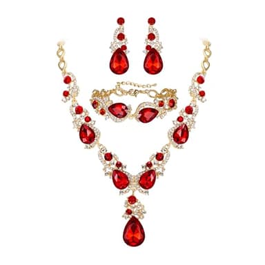 BriLove Wedding Bridal Jewelry for Women Multi Teardrop Cluster Crystal Statement Necklace Dangle Earrings Link Bracelet Set Ruby Color