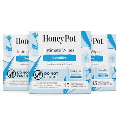 The Honey Pot Company - Feminine Wipes - Individually Wrapped - Daily PH Balancing, Fragrance & Sulfate Free Wipes for Intimate Parts, Body, or Face - Hygiene Products - Sensitive - 15 Ct (Pack 3)