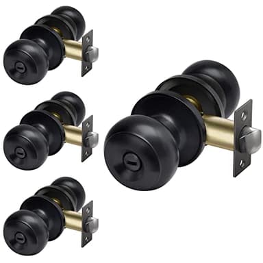 CML Hardware Matte Black Privacy Door Knob, 4 Pack Keyless Lock Set for Bedroom or Bathroom, Interior Door Lock for Bed/Bath, Round Ball Handle