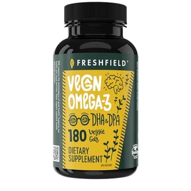 Freshfield Vegan Omega 3, Algae (Algal) Oil, Fish Oil Free Company, Third Party Tested, Carrageenan Free, DHA Supplement w/DPA, Plant Based Omega. Supports Heart, Brain, Joint Health