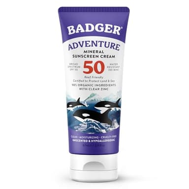 Badger Mineral Sunscreen SPF 50 Zinc Oxide Sunscreen with 98% Organic Ingredients, Reef-Safe, Broad-Spectrum, Hypoallergenic, Water Resistant, Unscented Adventure Sport 2.9 fl oz