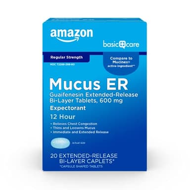 Amazon Basic Care Guaifenesin Extended-Release Tablets, 600 mg, 12 Hour Expectorant for Chest Congestion and Mucus Relief, 20 Count
