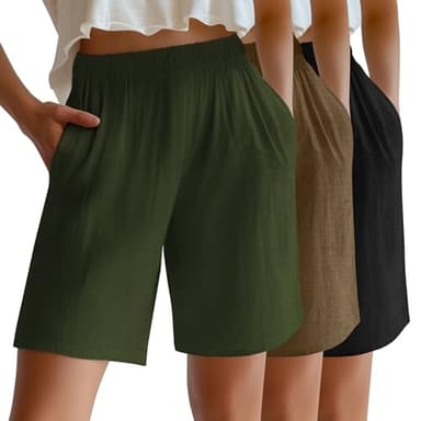 Riyiper 3 Pack Women's Linen Shorts Elastic High Waist Bermuda Wide Leg Summer Casual Lounge Short with Pockets(Army Green, Khaki, Black,Large)
