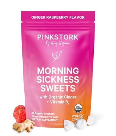 Pink Stork Morning Sickness Sweets, Organic Raspberry Ginger Candy with Vitamin B6, Support for Motion Sickness, Prenatal Heartburn - Pregnancy Must Haves - 30 Wrapped Drops