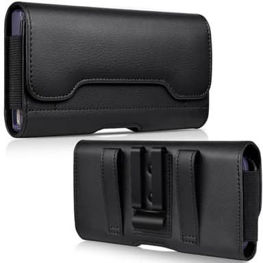 ACCKUO Leather Phone Holster with Strong Metal Belt Clip and Card Holder Compatible with iPhone 17 16 15 14 13 12 and Pro, Galaxy S26 S25 S24 S23 S22 S21 S20 for Everyday Protection, M-Black