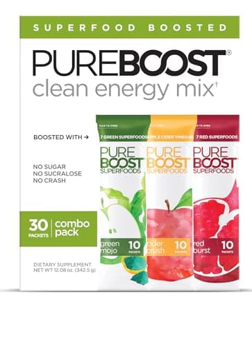 Pureboost Superfoods Clean Energy Booster, Energy Drink Mix with Apple Cider Vinegar, 7 Organic Red or Green Superfoods. Sugar-Free, No Sucralose, Electrolytes (Combo Pack, 30 Count)