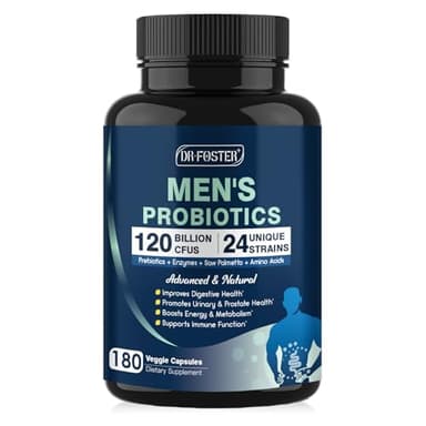 DRFOSTER Probiotics for Men Digestive Health, 120 Billion CFUs Mens Probiotic with Enzymes & Prebiotics & Saw Palmetto & Cranberry for Gut, Prostate & Urinary Tract Health, Shelf Stable, 180 Capsules
