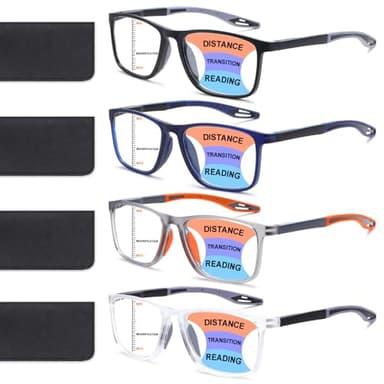 BLOEXCLU 4 Pack Progressive Multifocus Reading Glasses for Men Women TR90 Sports Style Anti-Blue Light Computer Readers (black & blue & grey & transparent, 1.5, x)