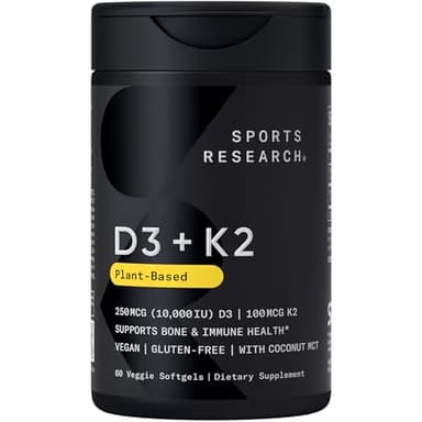 Sports Research® Vitamin D3 + K2 with 10,000iu of Plant-Based D3 & 100mcg of Vitamin K2 as MK-7 | Non-GMO Verified & Vegan Certified 60ct