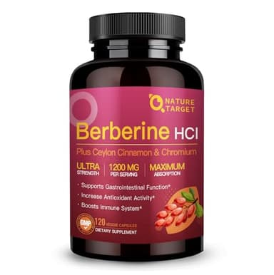 NATURE TARGET Berberine HCl 1200mg, Berberine Supplement with Ceylon Cinnamon, Chromium - Supports Immune, Gastrointestinal & Digestive Health, Non-GMO, 120 Capsules