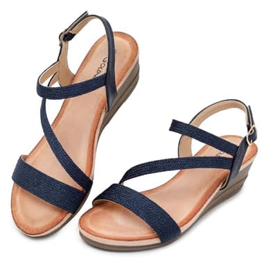 Goldnut Navy Blue Wedge Sandals for Women Dressy: Summer Low Wedges Sandal - Women's Navy Strappy Sandals Comfortable Casual Size 9
