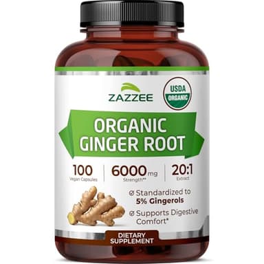 Zazzee USDA Organic Ginger Root 20:1 Extract, 6000 mg Strength, Standardized to 5% Gingerols, 100 Vegan Capsules, 20X Potency, Digestive and Stomach Support, Non-GMO, All-Natural, Made in the USA
