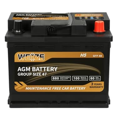 Weize Platinum AGM Battery BCI Group 47-12v 60ah H5 Size 47 Automotive Battery, 100RC, 680CCA, 36 Months Warranty, Dimensions 9.52" L x 6.89" W x 7.48" H