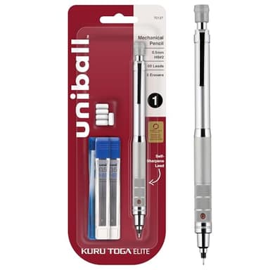 uniball Kuru Toga Elite Mechanical Pencil Starter Kit, 0.5mm, HB #2, Silver Barrel, 1 Pack