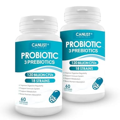 CANLIST Probiotics 120 Billion CFUs 18 Strains, 3 Prebiotics & Digestive Enzymes for Men Women,Digestive & Immune Support,Shelf Stable Non-GMO 120 Capsules