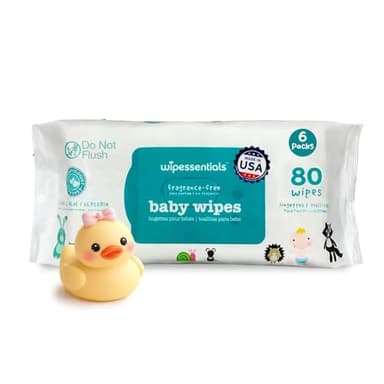 WipeEssentials Baby Wipes, Unscented Hypoallergenic Wet Wipes for Sensitive Skin, Alcohol Free Baby Essentials Wipes, Water-Based Wipes 6-Pack (80 Wipes Each)