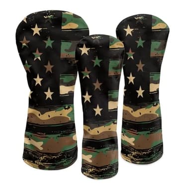 Pensura Golf Club Covers, 3pc Green Camo American Flag Headcovers Set Fits Driver Fairway Wood Hybrid Headcover - Premium PU Leather and Soft Interior - Protection for Golf Club Heads