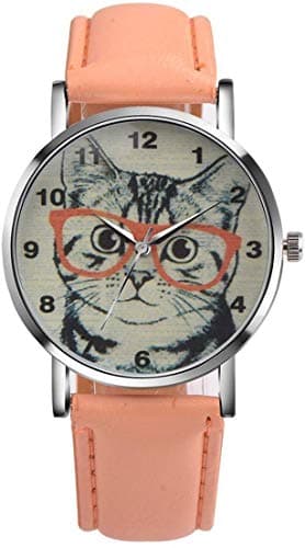 Unisex Scholar Cat Pattern Leather Band Analog Quartz Dial Wrist Watch (Pink)