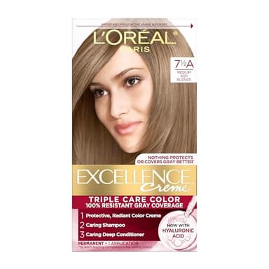L'Oreal Paris Excellence Crème Permanent Hair Dye, Triple Care Hair Color with Hyaluronic Acid for 100% Gray Coverage, 7.5A Medium Ash Blonde, 1 Kit (Packaging May Vary)