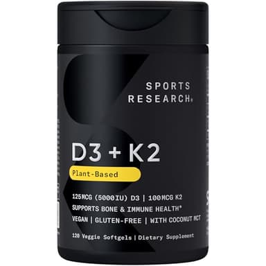 Sports Research Vitamin D3 with K2 Softgels - Plant Based K2 & Vegan D3 5000iu with Coconut MCT Oil - Vegan Certified, Soy & Gluten Free - 120 Count