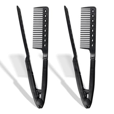 Hair Straightening Comb – Heat-Safe, Tangle-Free V-Shaped Styling Tool for Flat Irons & Curling Wands, Travel-Ready (Black, Plastic, Dry Hair, 2-Pack)